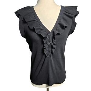 Express Black Ribbed Ruffle Shoulder Tank Cotton Spandex Size L